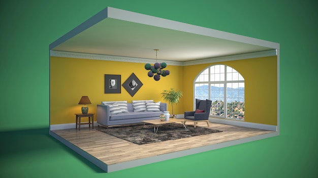 3D illustration interior of the living room in a box