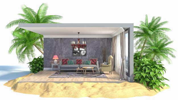 3D illustration interior of the living room in a box