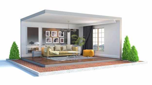 3D illustration interior of the living room in a box