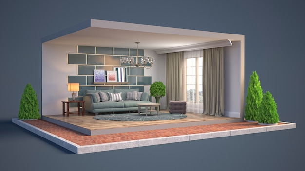 3D illustration interior of the living room in a box