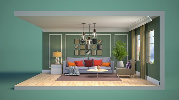 3D illustration interior of the living room in a box