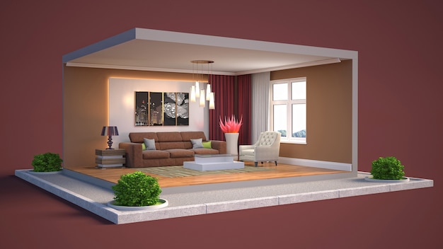 3D illustration interior of the living room in a box