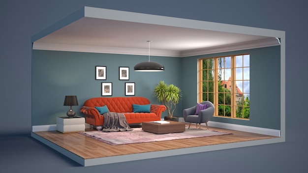 3D illustration interior of the living room in a box