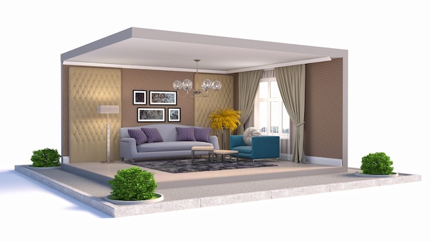 3D illustration interior of the living room in a box