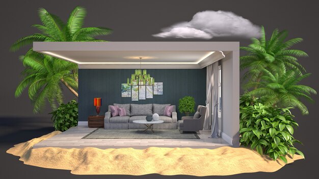 3D illustration interior of the living room in a box