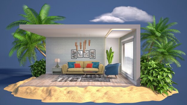 3D illustration interior of the living room in a box