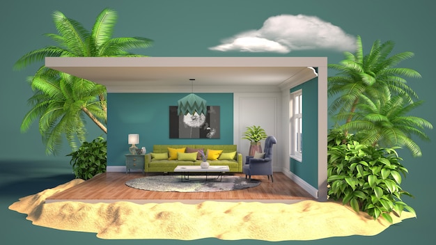 3D illustration interior of the living room in a box