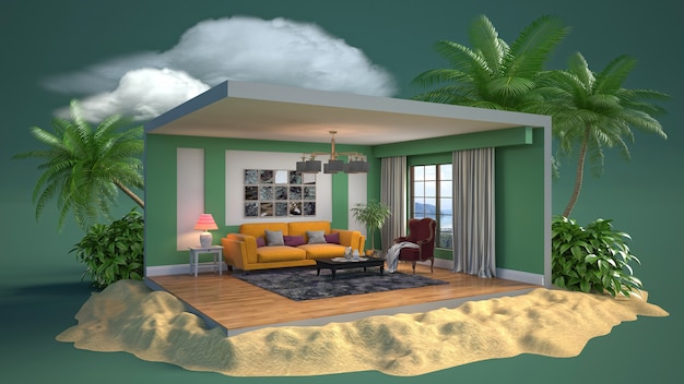3D иллюстрации интерьер гостиной в коробке
