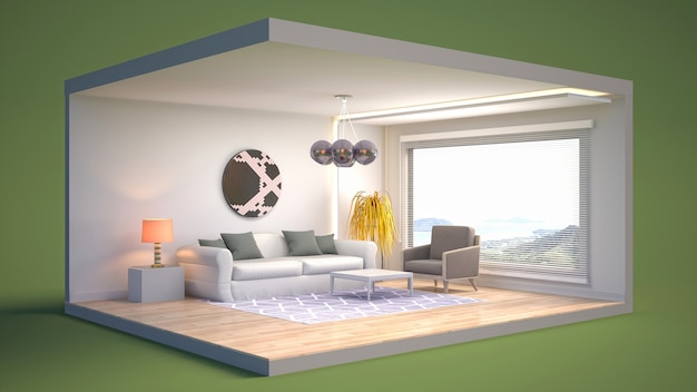 3D illustration interior of the living room in a box