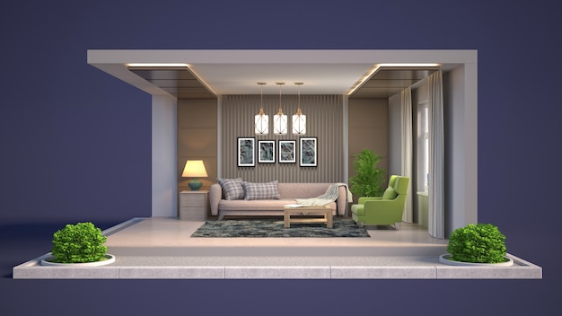 3D illustration interior of the living room in a box