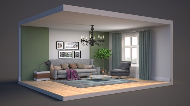 3D illustration interior of the living room in a box