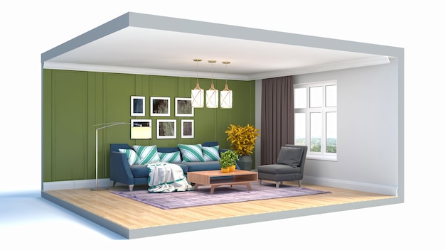 3D illustration interior of the living room in a box