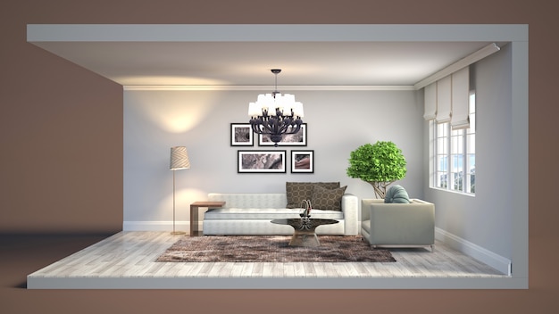 3D illustration interior of the living room in a box