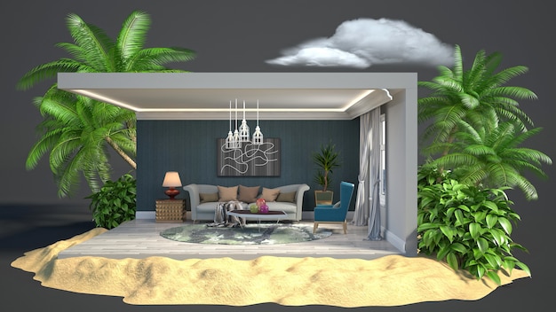 3D illustration interior of the living room in a box