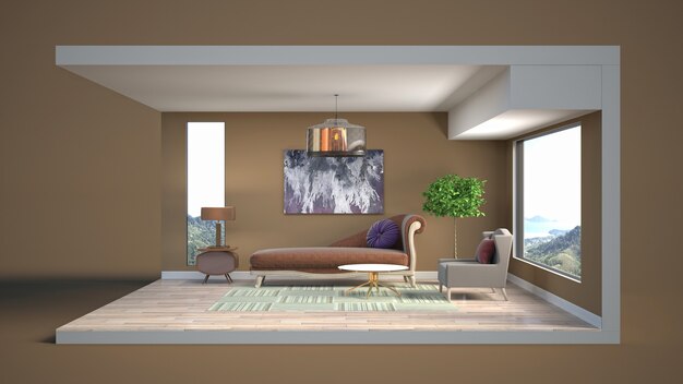 3D illustration interior of the living room in a box