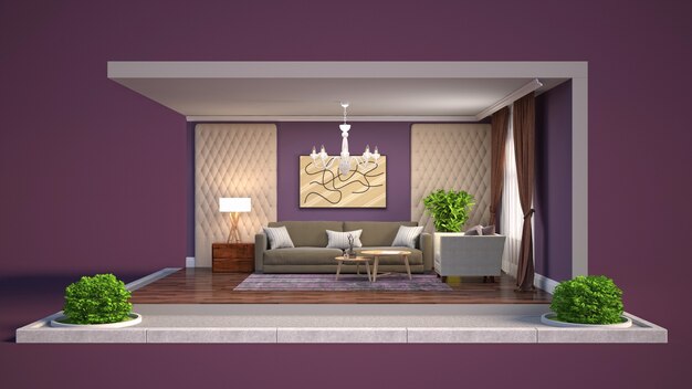 3D illustration interior of the living room in a box