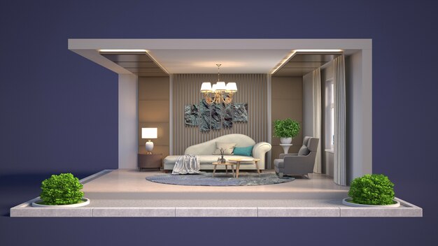 3D illustration interior of the living room in a box