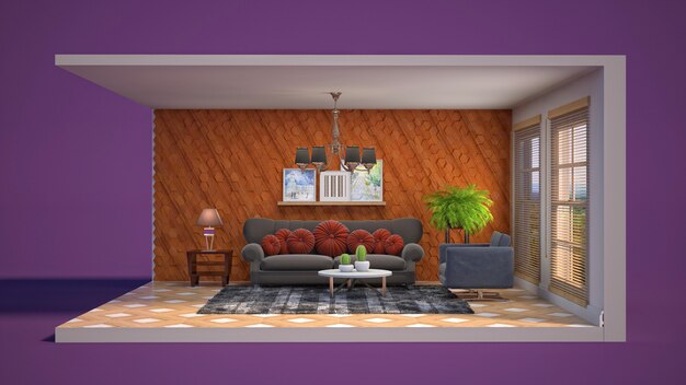 3D illustration interior of the living room in a box