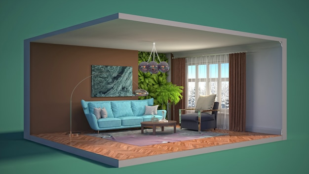 3D illustration interior of the living room in a box