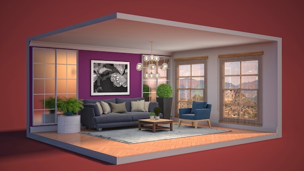 3D illustration interior of the living room in a box