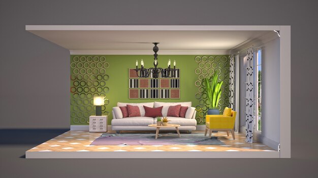 3D illustration interior of the living room in a box