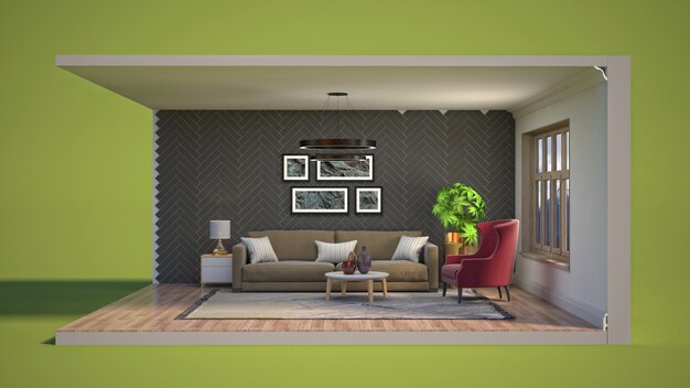 3D illustration interior of the living room in a box