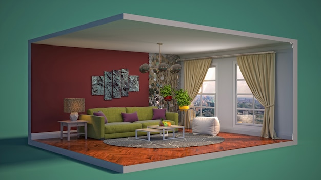 3D illustration interior of the living room in a box