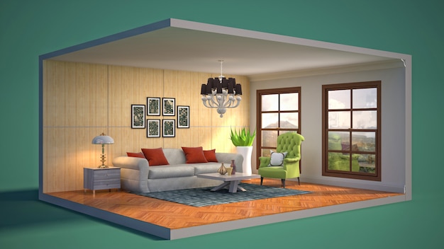 3D illustration interior of the living room in a box