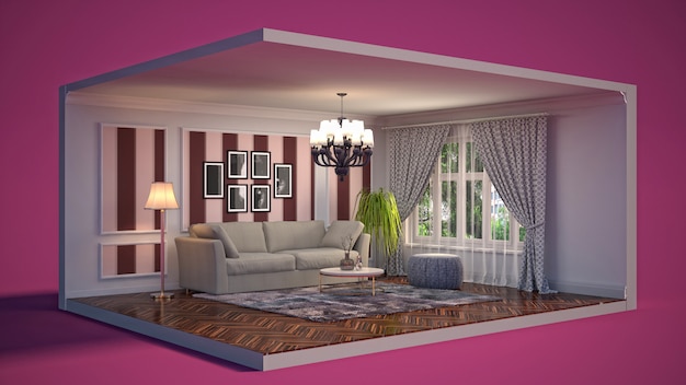 3D иллюстрации интерьер гостиной в коробке