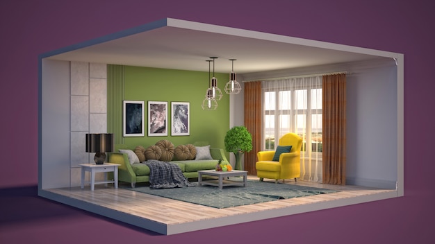 3D illustration interior of the living room in a box