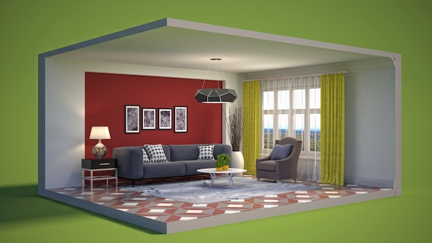 3D illustration interior of the living room in a box