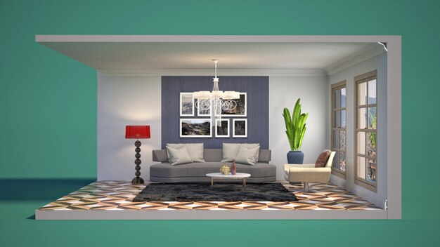 3D illustration interior of the living room in a box