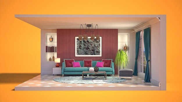 3D illustration interior of the living room in a box