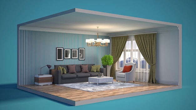 3D illustration interior of the living room in a box