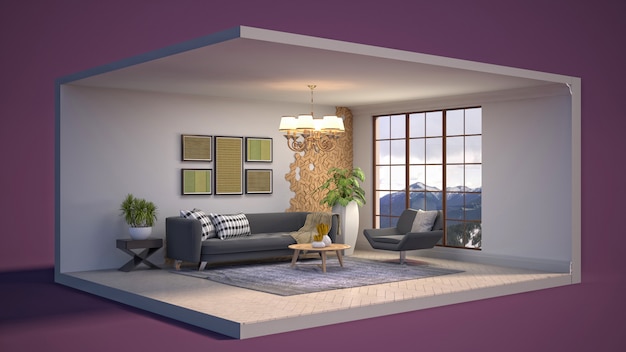 3D illustration interior of the living room in a box