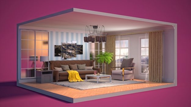 3D illustration interior of the living room in a box