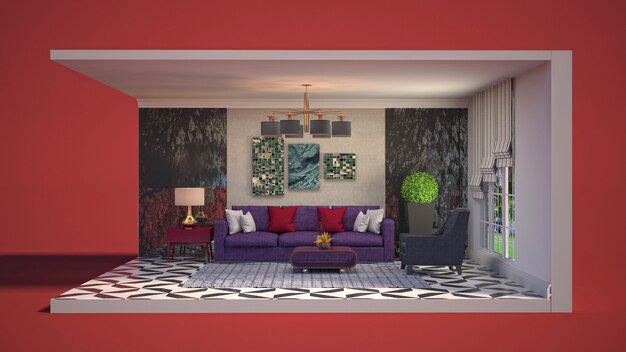 3D illustration interior of the living room in a box