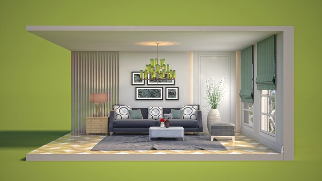 3D illustration interior of the living room in a box