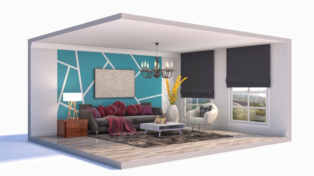 3D illustration interior of the living room in a box