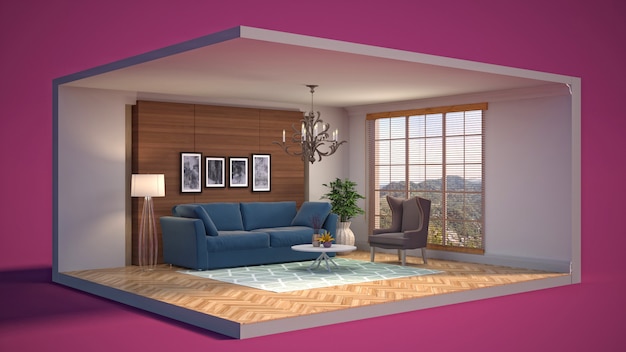 3D illustration interior of the living room in a box