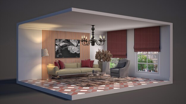 3D illustration interior of the living room in a box