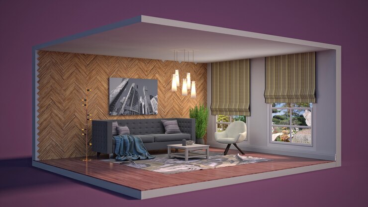 Photo 3d illustration interior of the living room in a box