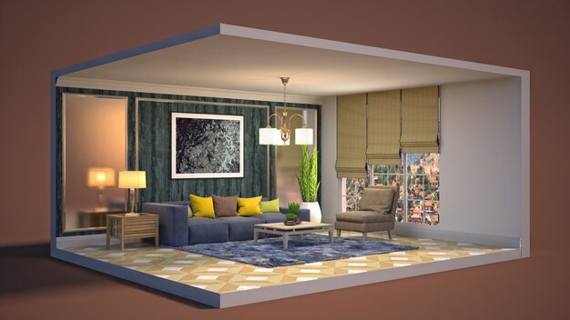 3D illustration interior of the living room in a box