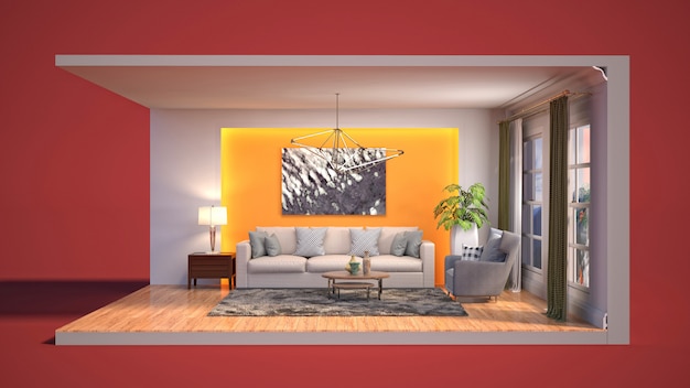 3D illustration interior of the living room in a box