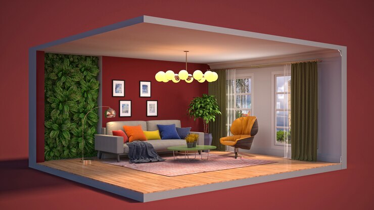 Photo 3d illustration interior of the living room in a box