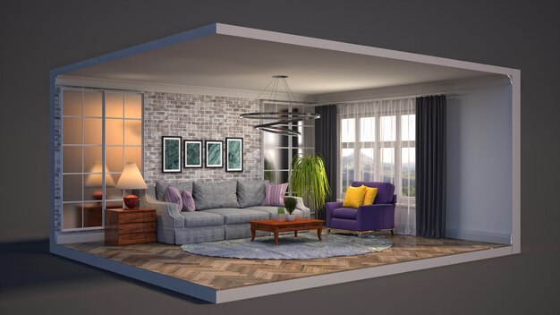 3D illustration interior of the living room in a box