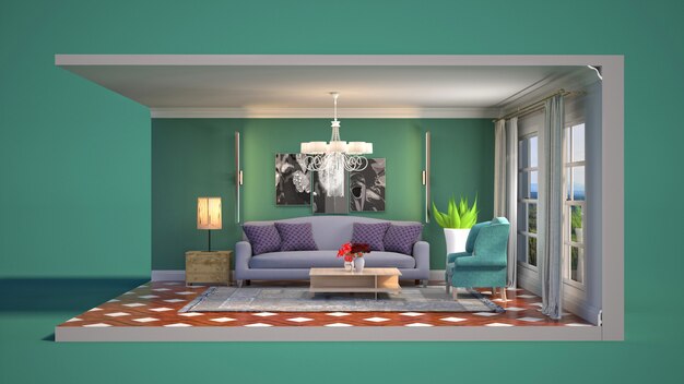 3D illustration interior of the living room in a box