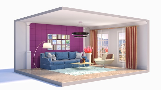 3D illustration interior of the living room in a box