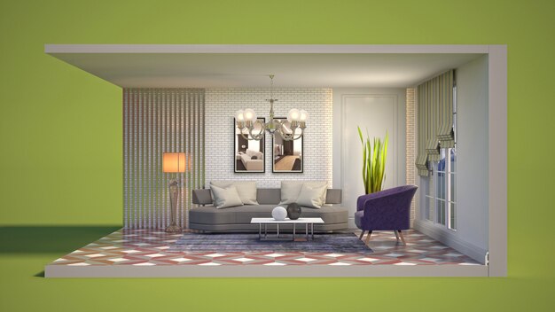 3D illustration interior of the living room in a box