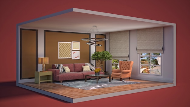 3D illustration interior of the living room in a box